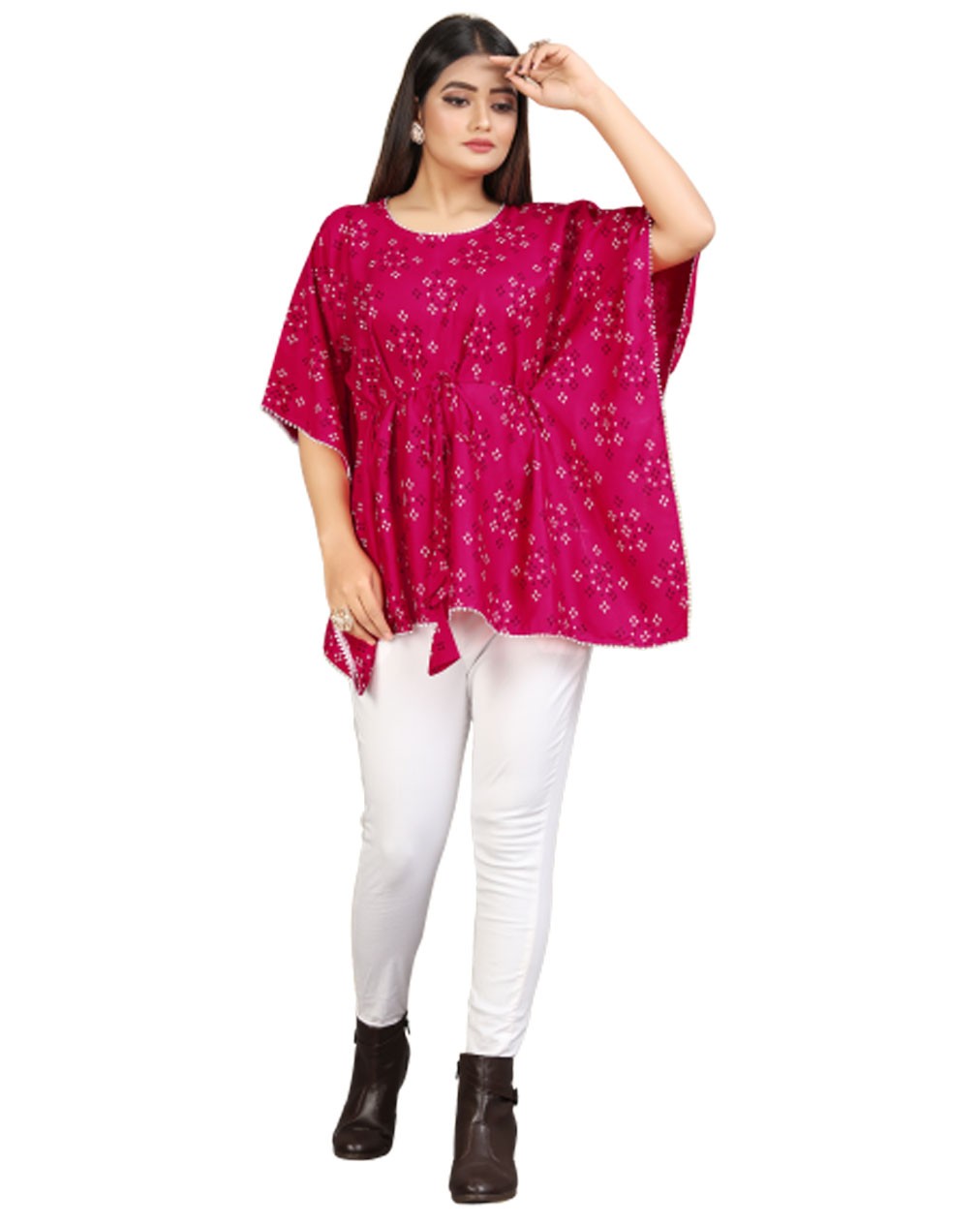 Bandhani Print Pink cotton Kaftan dress