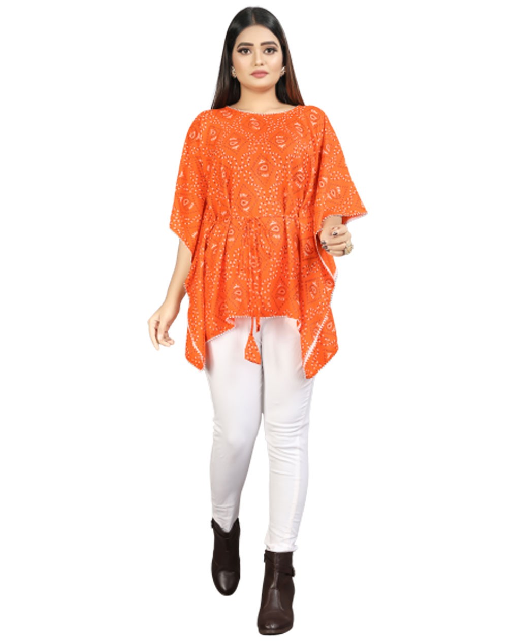 Bandhani Print Orange cotton Kaftan dress