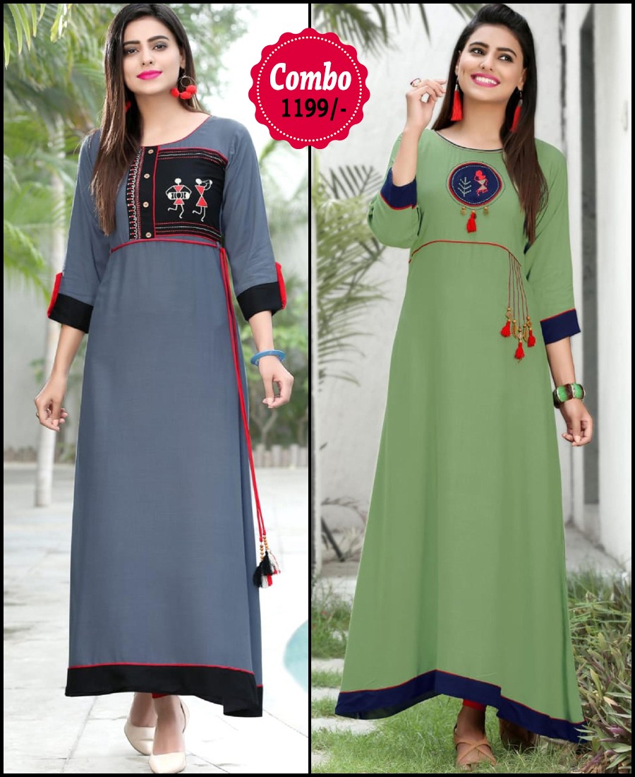 RE - Elegant grey And green color rayon print stitched kurti - Pack of 2