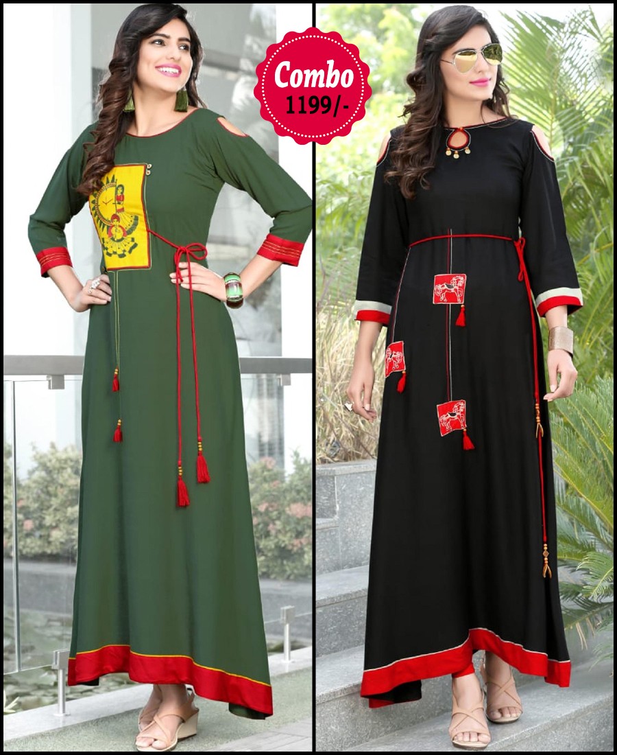 RE - Elegant green and black color rayon print stitched kurti - Pack of 2