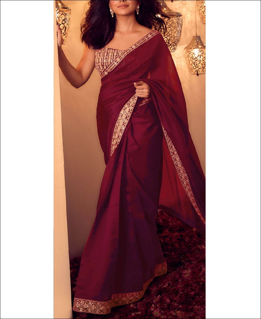 RE - Maroon Party Wear Designer Vichitra Silk Saree - Designer ...