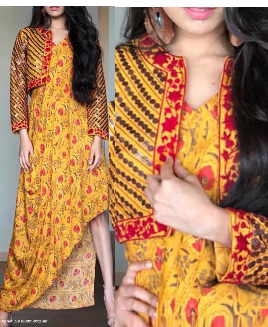 RE - Stylish yellow mashlim silk printed kurti