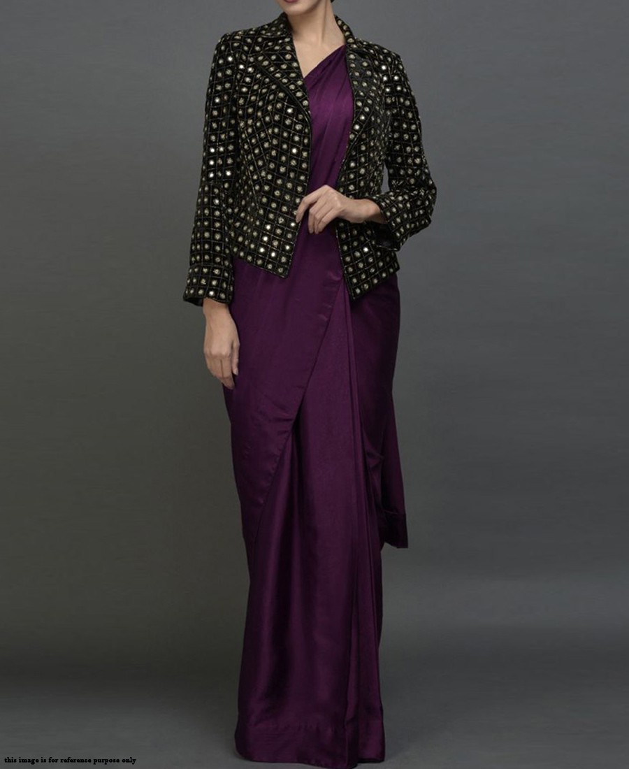 GW - Solid Purple Paper silk fabric velvet jacket saree