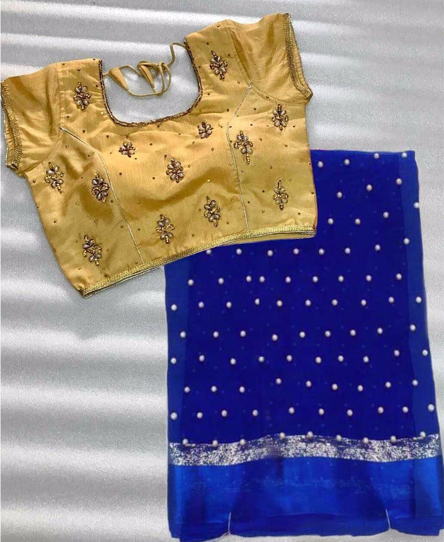 RE - Attractive Blue Georgette Pearl Work And Satin Border Saree With UN-stitch blouse