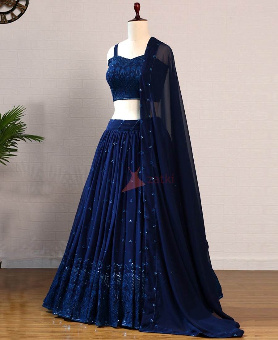 Royal Blue Lehenga Set with Mirror work Blouse and Peach Pink Ombre Du –  Fabilicious Fashion