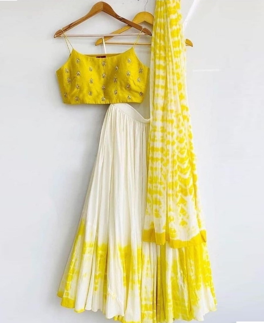 RE - White and Yellow Colored Viscose Georgette Lehenga Choli