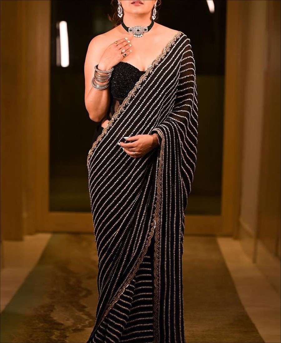 Party Wear Black Color Sequence Work saree