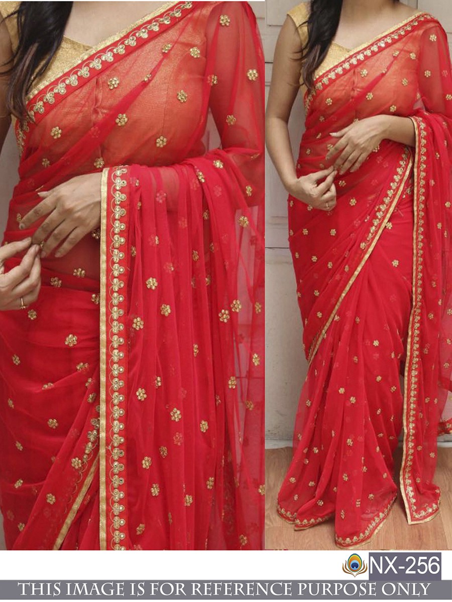 Buy Red net diamond work wedding wear saree in UK, USA and Canada