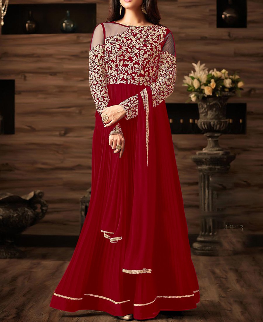 Attractive Party Wear Red Gown With Heavy Dupatta | YOYO Fashion