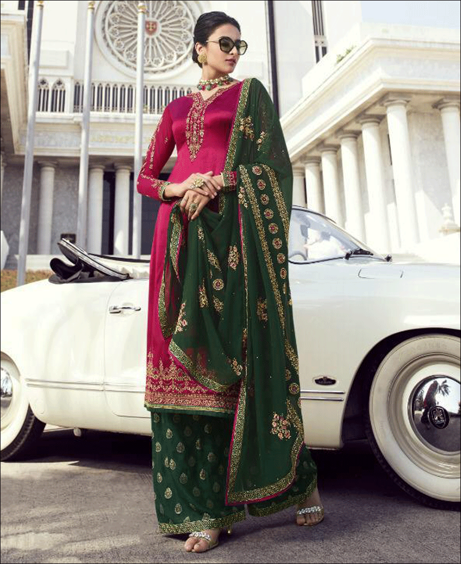 Super model pink and green Faux georgette Palazo style Suit