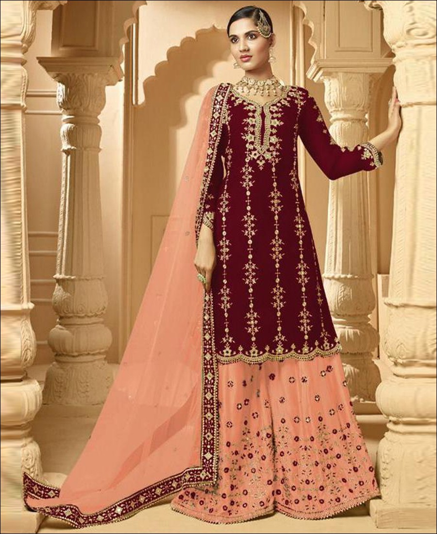 RF - Super Model Maroon Faux Georgette Palazzo Style Suit
