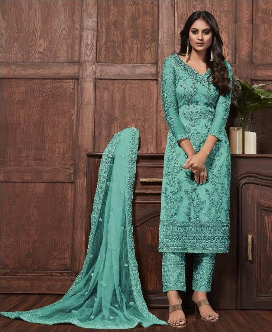RF - Lovely Aqua Blue Butterfly Net Embroidered Pakistani Straight Suit