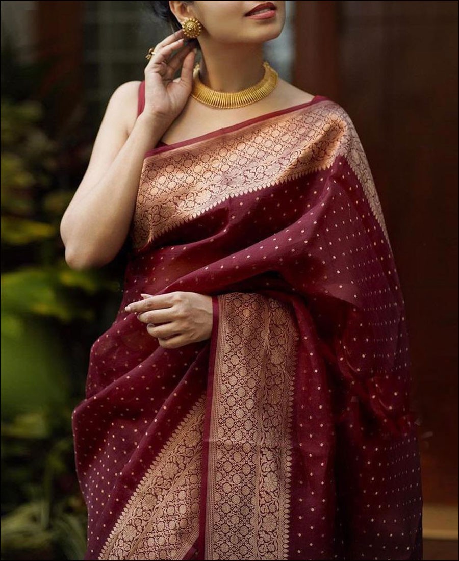 Burgundy Silk Saree with Embroidered Blouse | Saree designs, Party wear  sarees, Art silk sarees