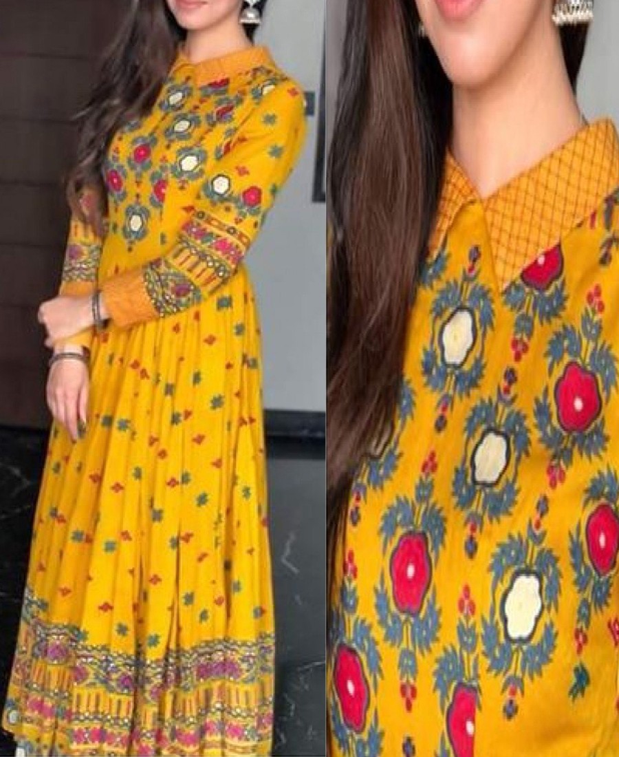 VF - Classy style yellow rayon cotton embroidered semi-stitched gown