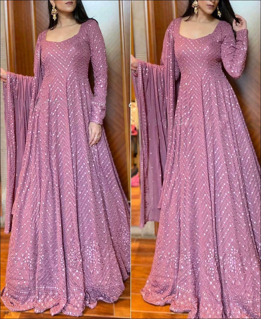 RE - Pink Mulberry Coloured Party Wear Georgette Gown With Dupatta