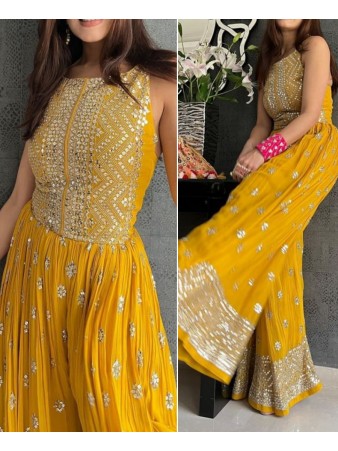 Yellow Georgette Embroidery jumpsuit