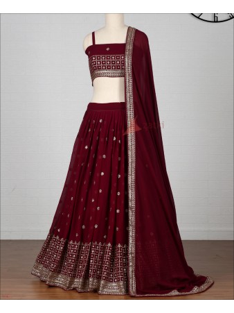 Moroon Colored Georgette Sequence Embroiodery Work Lehenga Choli