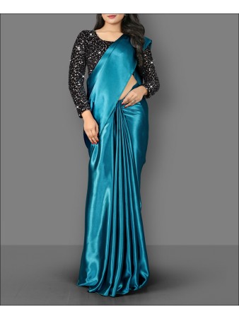 Plain Satin Silk Saree With Velvet Sequence Work Blouse