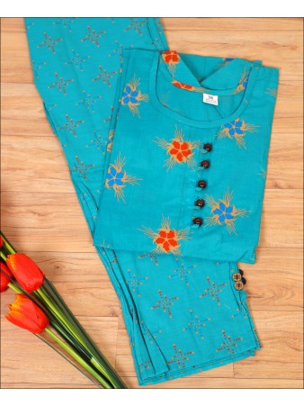 Turquoise Coloured Cotton Printed Kurti Set