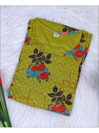 Mehandi Green Coloured Cotton Block Print With Hand Work Kurti 