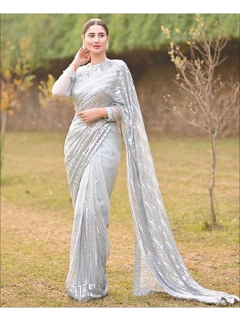 Grey Color Soft Geogette Sequence Work Saree