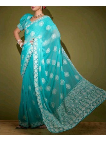 Turquoise Color Georgette Sequence Work Saree