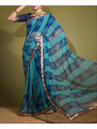 Blue Color Chiffon Printed Saree