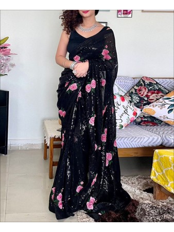 Party Wear Black Color Sequence Work Saree