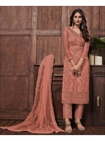 RF - Lovely Orange Butterfly Net Embroidered Pakistani Straight Suit