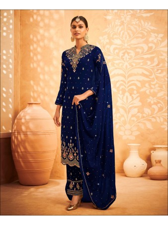 RF - Navy Blue Georgette Embroidered Semi Stitched Palazzo Suit