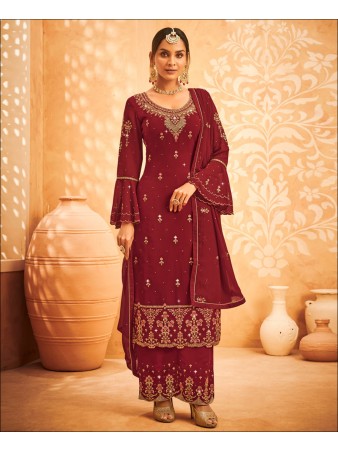 RF - Maroon Georgette Embroidered Semi Stitched Palazzo Suit